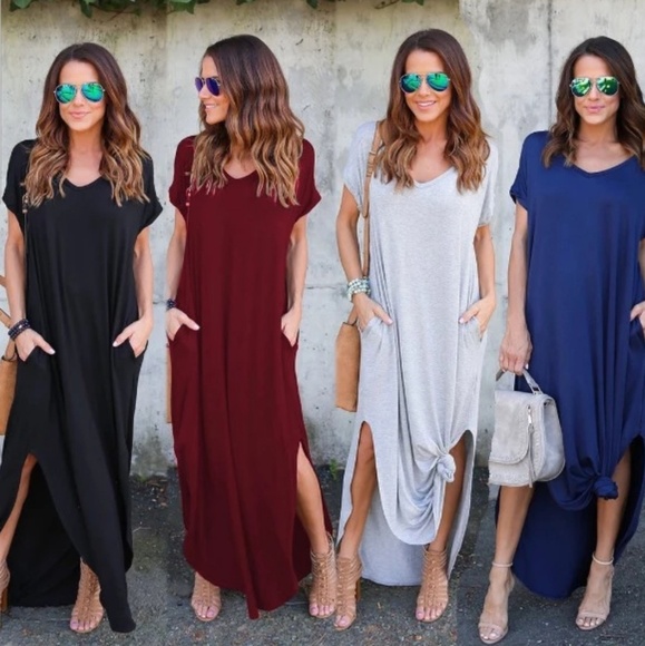 Black V-neck Maxi Dress Pockets Loose Fitting - Picture 2 of 4